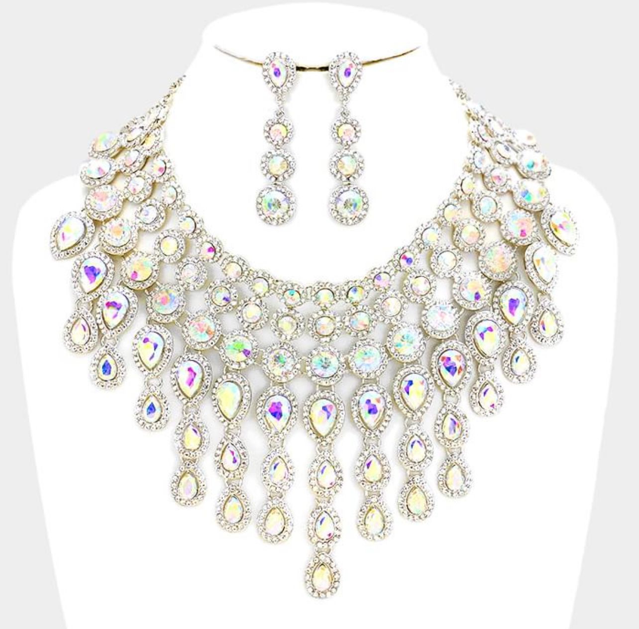 Evening Necklace Set Bib Style Silver Abalone
