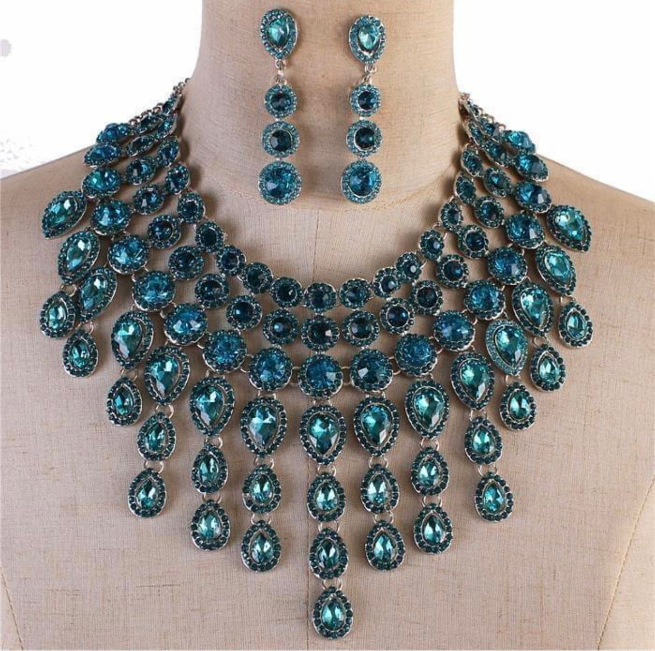 Evening Necklace Set Bib Style Teal