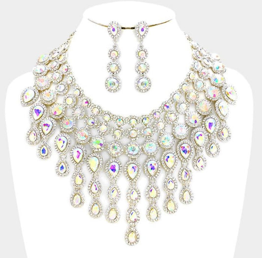Evening Necklace Set Bib Style  Silver Abalone