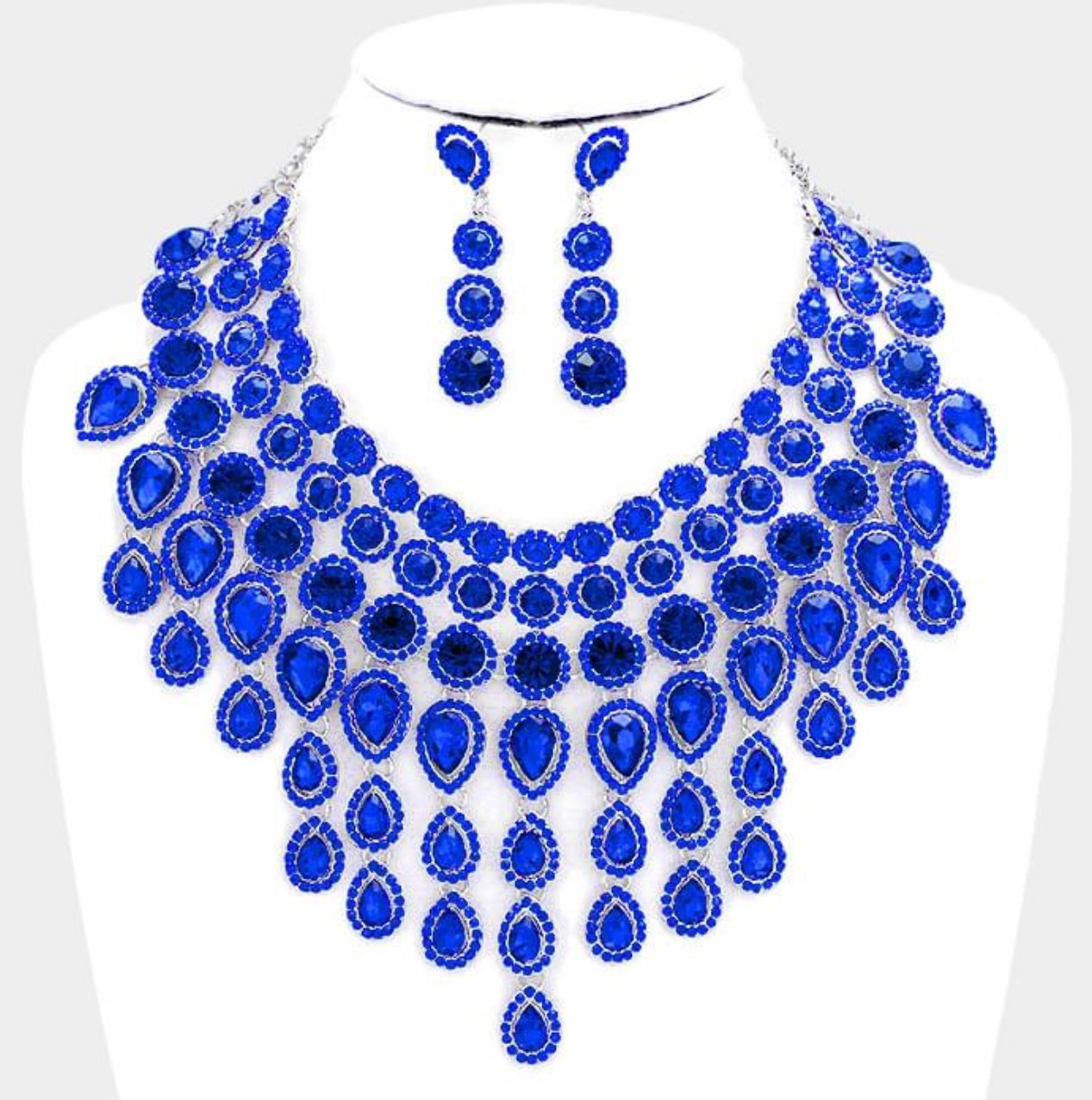 Evening Necklace Set Bib Style Sapphire Silver