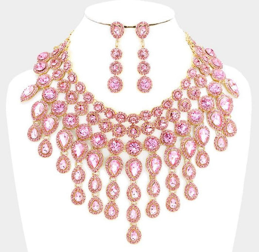 Evening Necklace Set Bib Style  Pink