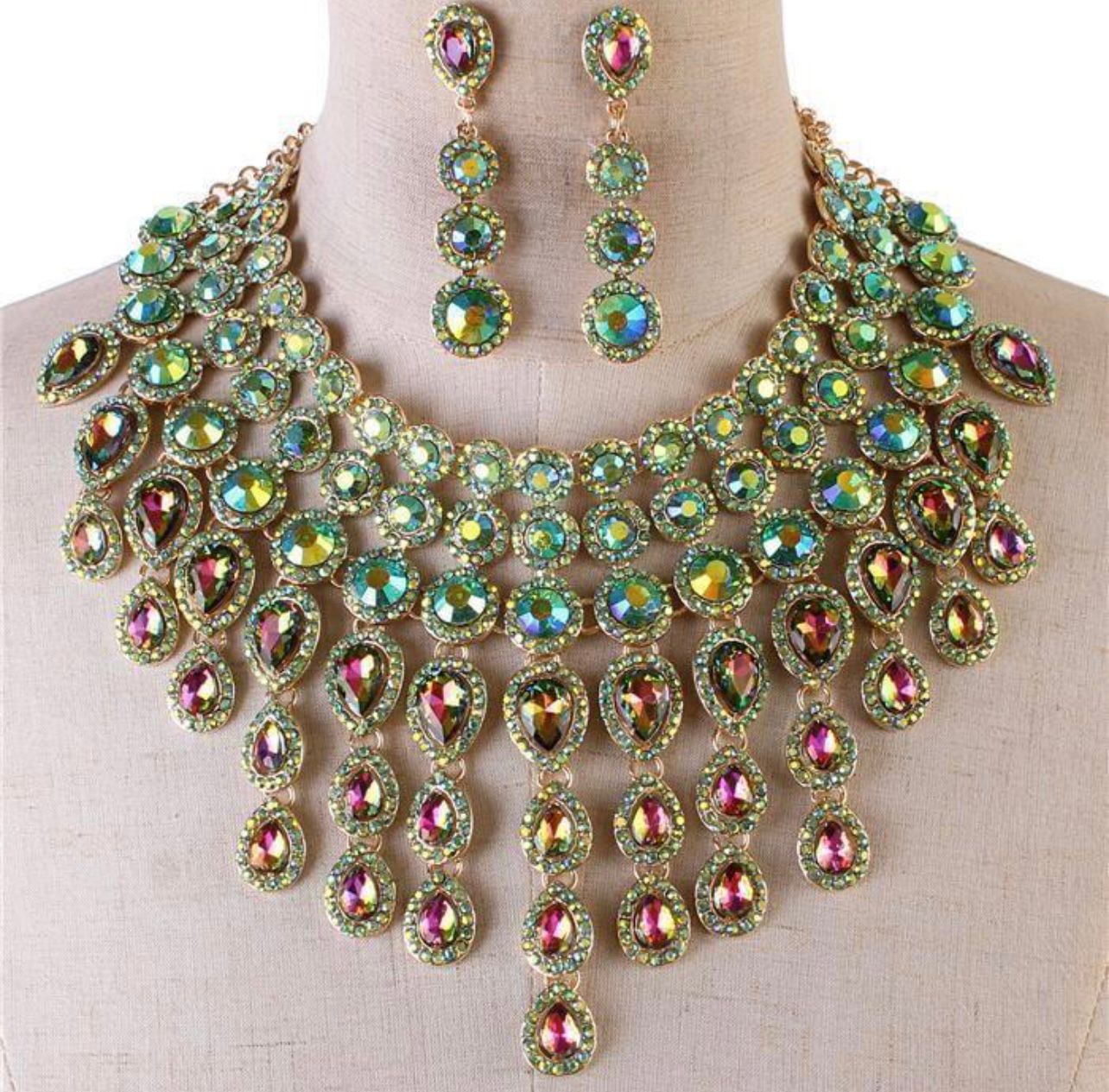 Evening Necklace Set Bib Style Multi Green