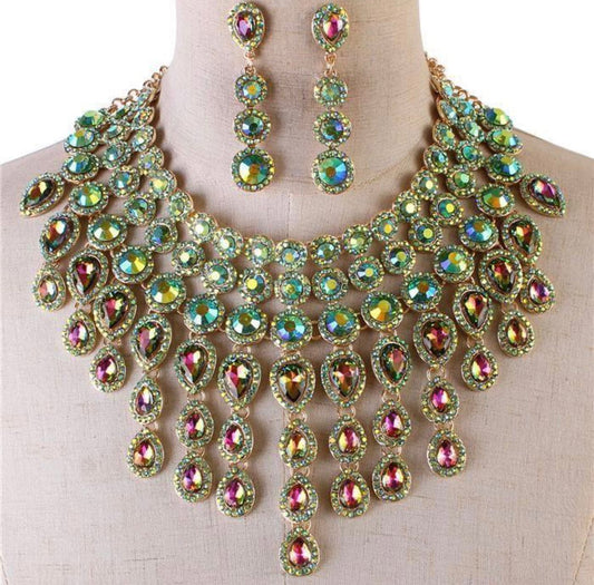 Evening Necklace Set Bib Style Multi Green