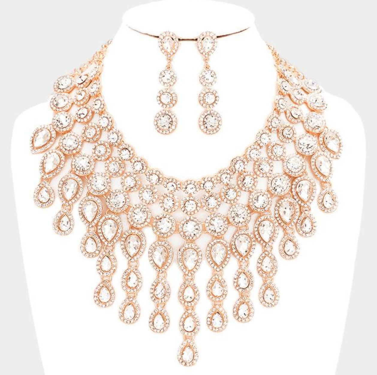 Evening Necklace Set Bib Style  Clear Rose Gold